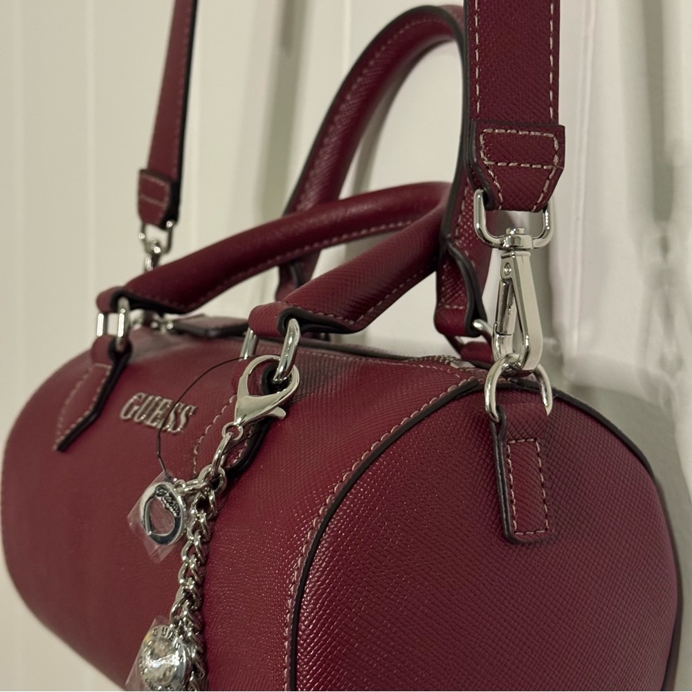 NWT Guess Anessa Mini Barrel Bag - Oxblood Red Saffiano Leather Crossbody Purse